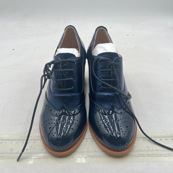 FOWT Midnight Blue Perforated Lace-Up Oxfords Almond Toe Mid Chunky Heel Shoes - Picture 3 of 8